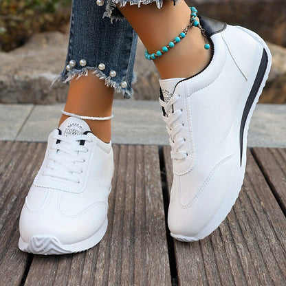 Women's Lightweight Casual Sneakers - White Synthetic Leather, All-Season Comfort, Stability Support, Breathable Fabric Lining, TPR Sole, Perfect for Casual Attire, Cute Shoes