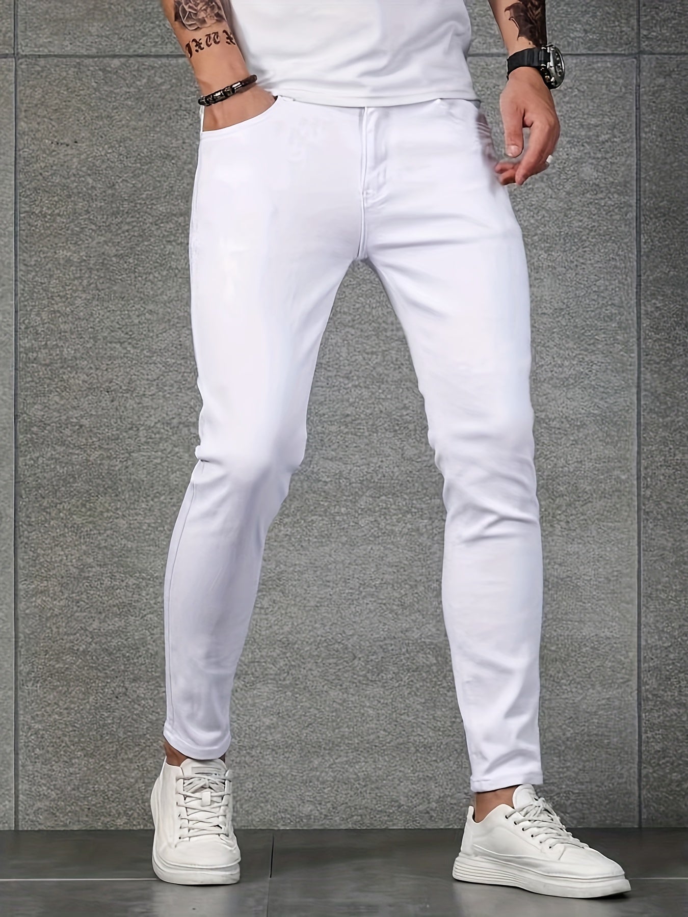 Men's Stretch Denim Jeans - Light Gray, Skinny Fit, All-Season Comfort, Street Style with Button Fly & Pockets