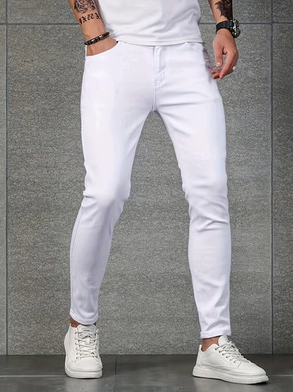 Men's Stretch Denim Jeans - Light Gray, Skinny Fit, All-Season Comfort, Street Style with Button Fly & Pockets