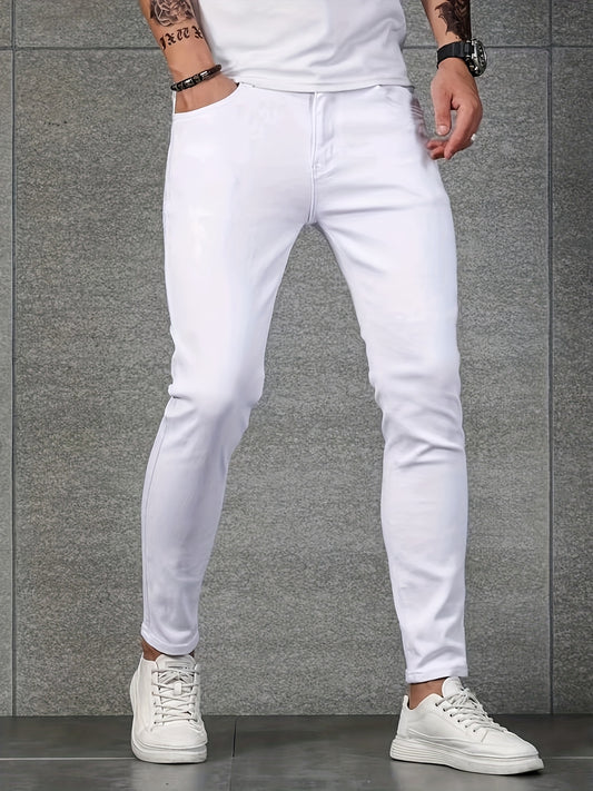 Men's Stretch Denim Jeans - Light Gray, Skinny Fit, All-Season Comfort, Street Style with Button Fly & Pockets