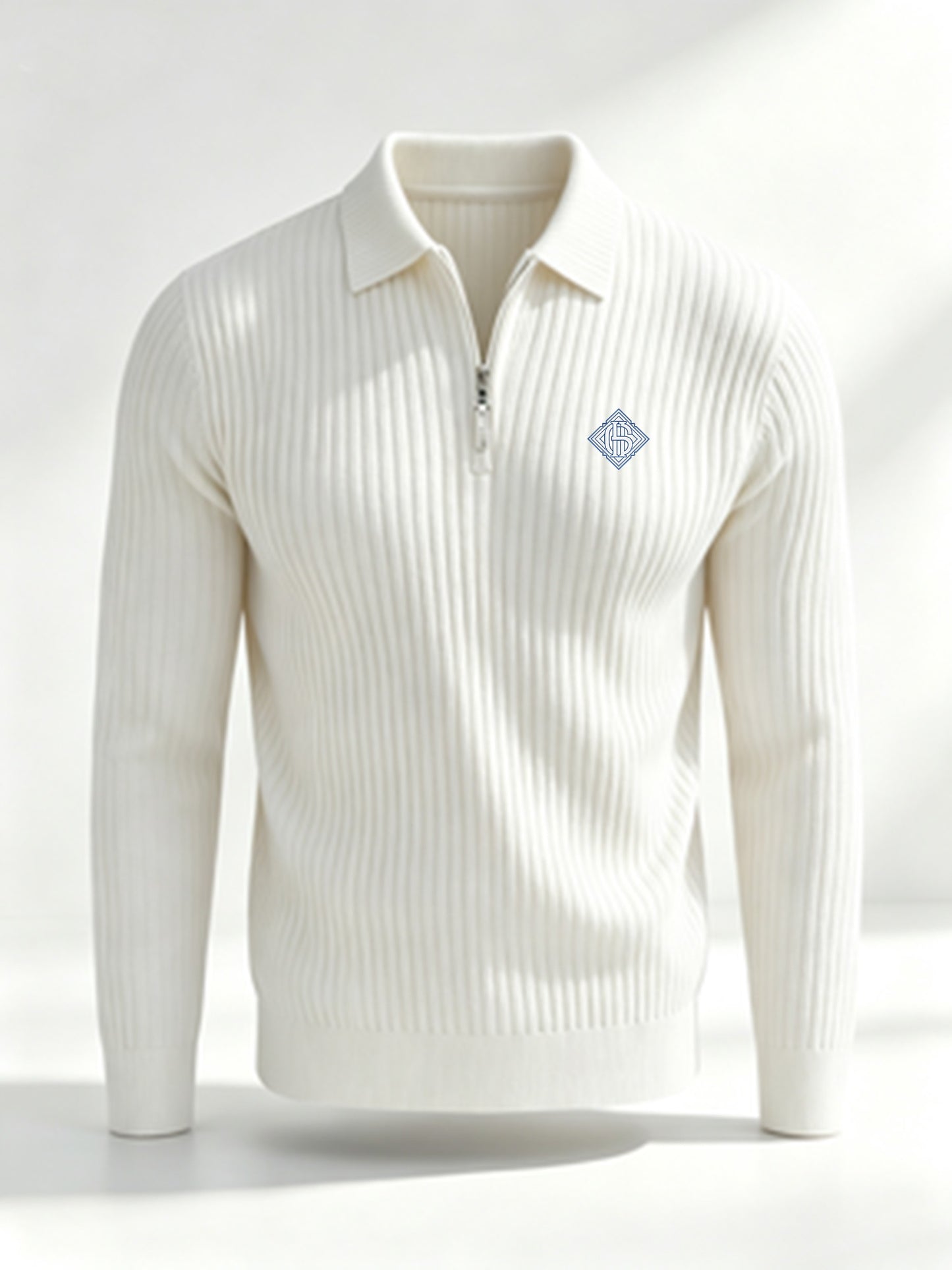 Men's Casual Long-Sleeve Ribbed Half-Zip Polo Shirt for Fall