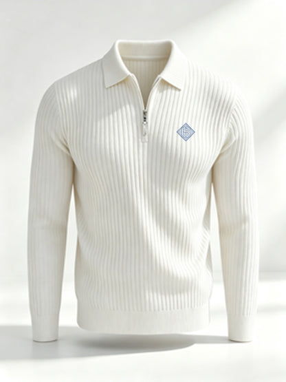 Men's Casual Long-Sleeve Ribbed Half-Zip Polo Shirt for Fall