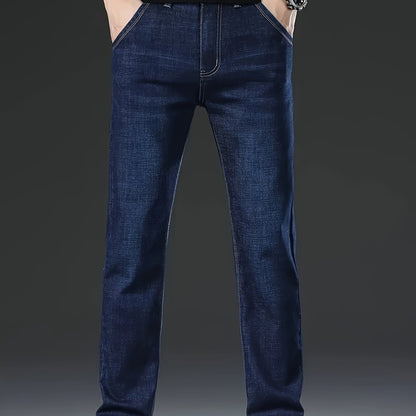 Men's Classic Straight-Leg Jeans - Comfort Business Casual Style, Cotton Blend with Stretch, Solid Washed Denim for All-Season Wear