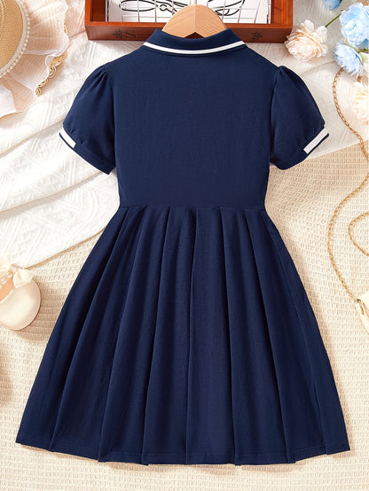 Girls' Summer Preppy Cotton Blend Pleated A-Line Dress