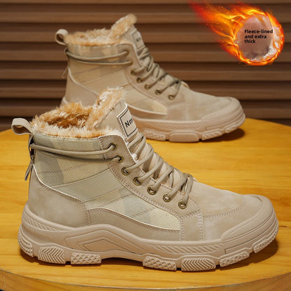 Men's High-Top Winter Boots with -Like Collar & - Heavy-Duty PU Upper, PVC Sole, Beige/Tan Lace-Up Snow Boots for Ice, Slush,, Outdoor (Warm Cold Weather Footwear)