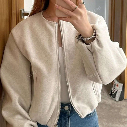 Women'S Elegant Pilot Jacket - Beige Bomber Style Short Coat with Pockets, Zip-Up, Long Sleeves, Loose Fit for Casual & Weekend Wear, Casual Wear Jacket | Bomber Jacket | Polyester Fabric