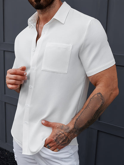 Men's Casual Button- Shirt - Short Sleeve, White, Polyester, Classic Collar with Chest Pocket, Machine Washable, Perfect for Summer Outings, Parties, and Casual Attire, Everyday Buttonup | Versatile Casualwear | Nonstretch Ma