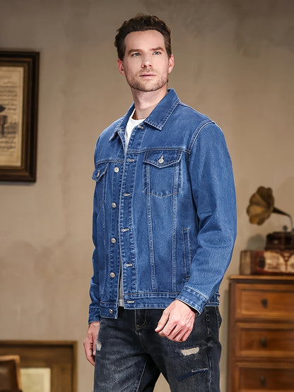 Men's Casual Denim Jacket - Spring & Autumn Collection, Washed Blue, Cotton Blend, Machine Washable, Lapel Collar with Pockets, 2024 New, Denim Jacket