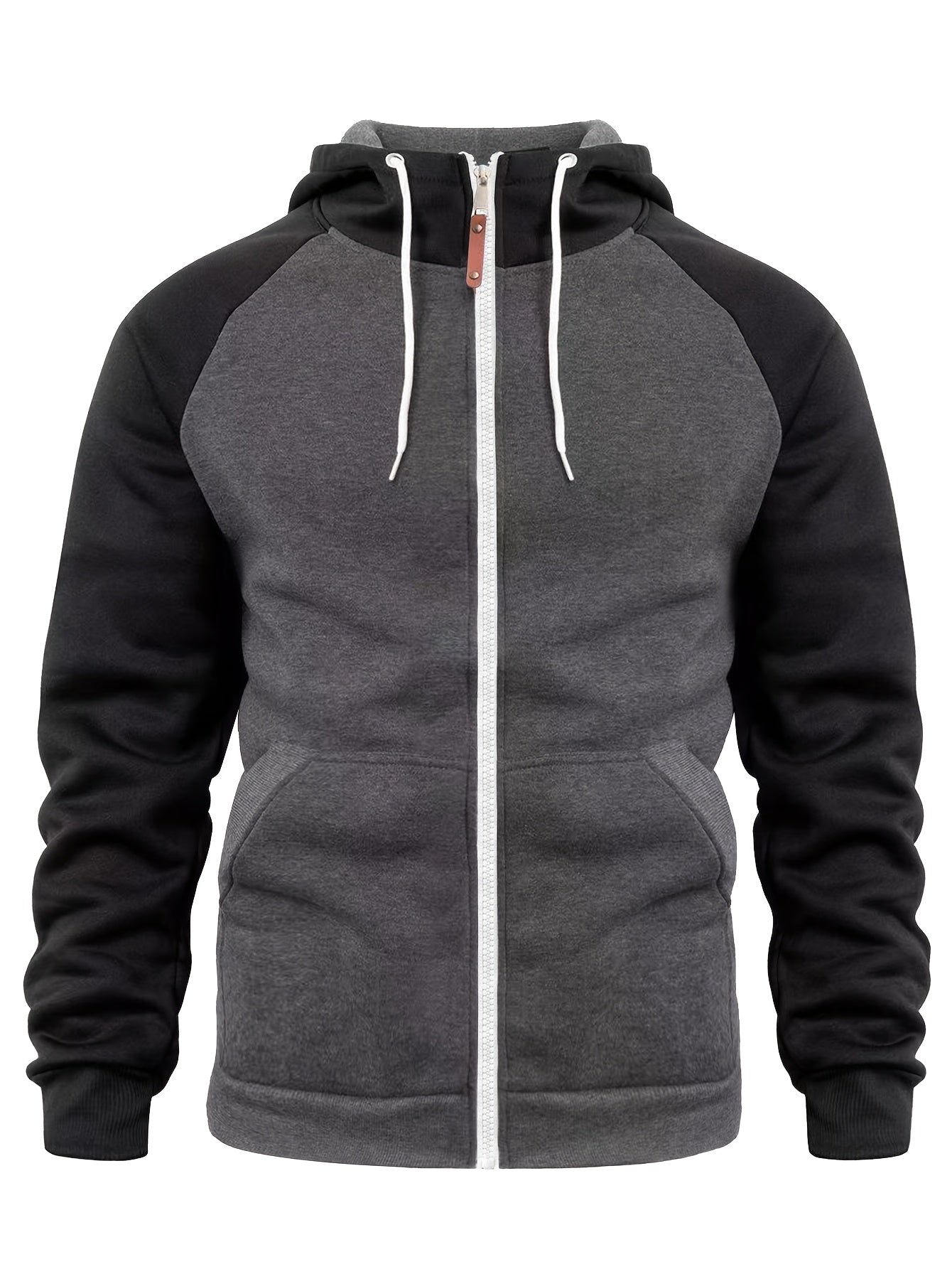 Տղամարդու ոճային գունային բլոկներով վերնաշապիկ՝ առօրյա, կայծակաճարմանդով և գլխարկով սվիտեր՝ առջևի գրպաններով, երկար թևքերով և երիզներով՝ շագանակագույն և սև դիզայնով, հարմարավետ աշնանային և ձմեռային հագուստի համար։