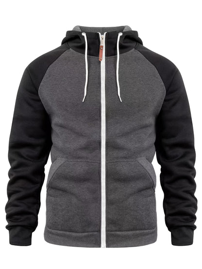 Տղամարդու ոճային գունային բլոկներով վերնաշապիկ՝ առօրյա, կայծակաճարմանդով և գլխարկով սվիտեր՝ առջևի գրպաններով, երկար թևքերով և երիզներով՝ շագանակագույն և սև դիզայնով, հարմարավետ աշնանային և ձմեռային հագուստի համար։