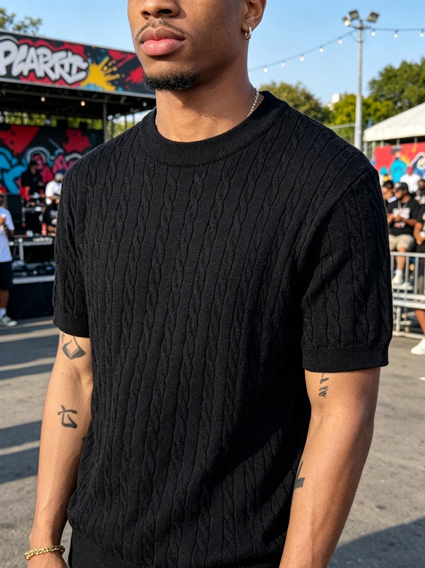 Men's Classic Cable Knit Crew Neck T-Shirt for Summer