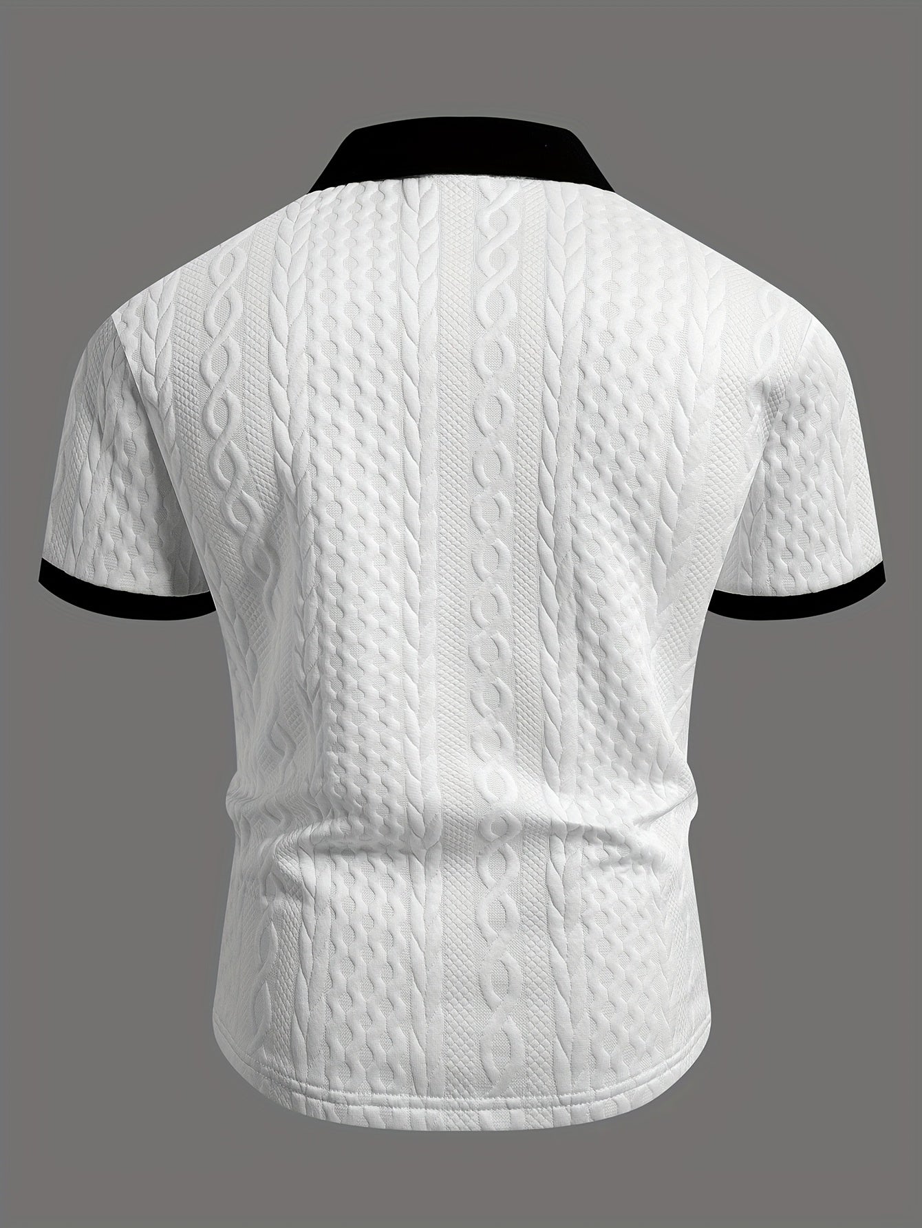 Summer Breathable Italian-style Color-blocked Light-mature Trendy Men's Shirt with V-neck, Slight Stretch, Jacquard Texture, Slim-fit Short Sleeves, Knitted - ayq