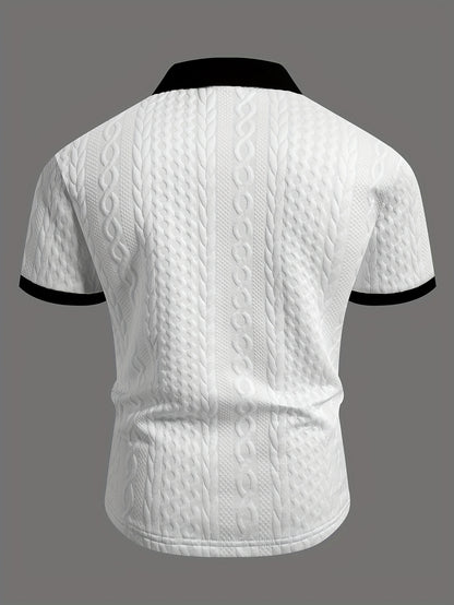 Summer Breathable Italian-style Color-blocked Light-mature Trendy Men's Shirt with V-neck, Slight Stretch, Jacquard Texture, Slim-fit Short Sleeves, Knitted - ayq