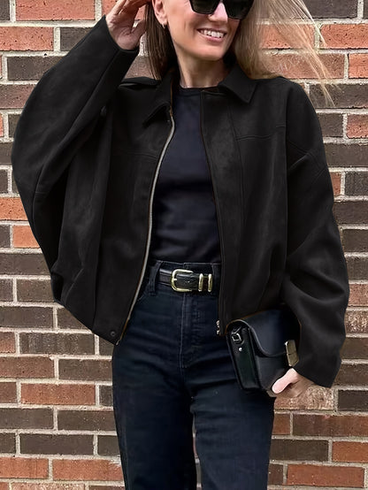 Կանացի վինտաժային բոմբեր բաճկոն - ազատ չափի երկար թևքով, կայծակաճարմանդով և իջեցված ուսերով, շագանակագույն առօրյա վերնազգեստ աշուն/ձմեռ համար, չձգվող գործվածք, իդեալական է առօրյա հագուստի համար, աշուն-ձմեռ բաճկոն | Վինտաժային բոմբեր ոճ | Zipp