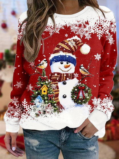 Christmas Snowman Print Sweatshirt, Casual Long Sleeve Crew Neck Sweatshirt For Fall & Spring, Women's Clothing