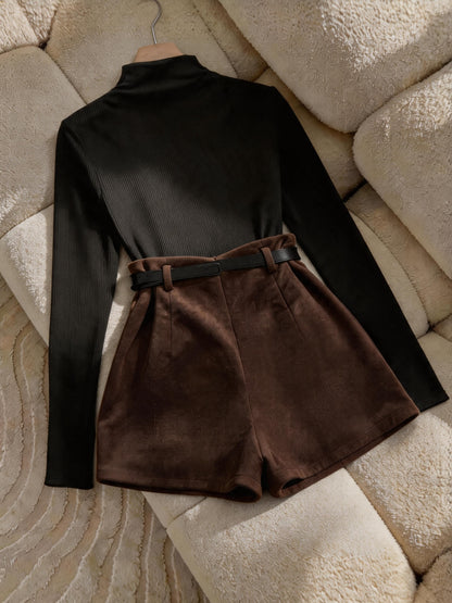 Women’s Elegant Two-Piece Set: Ribbed Sweater & Faux Suede Skirt