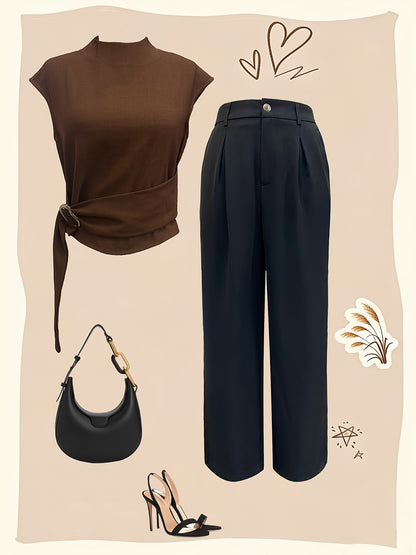 A Women'S Outfit Consisting of a Top And Straight-Leg Pants, Featuring a Half-High Collar, Short Sleeves, a Fitted Waist with a Wavy Buckle, Paired with a Tailored Narrow-Leg Wide Pant That Creates a Effect And an Elegant Dra - ayq