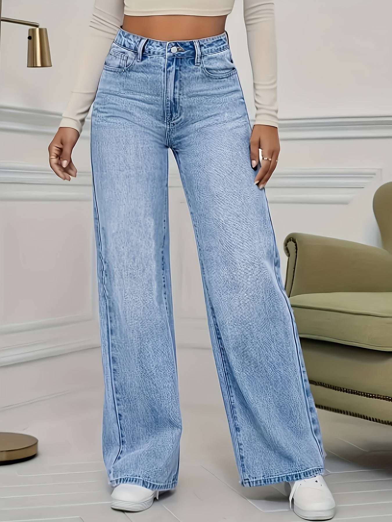Women's Fashion Stretch Denim JK8820-T# Long Pants, Casual Washed Jeans, Straight Fit, No Belt, All-Season, Solid Color, Regular Length, Built-in Zipper, CPUY Brand