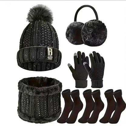 7pcs Winter Thermal Set - Heavy-Duty Cold Weather Outfit with Hat, Gloves, Plush Earmuffs, Thermal Socks - Full Set for Skiing, Snowboarding, Ice Skating, Winter Hiking - Burgundy/Black/White Color Options - Ideal Christmas G