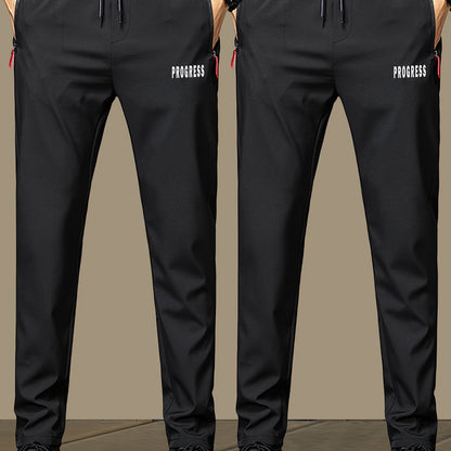 2pcs Men's Lightweight Joggers - Quick-Dry Breathable Polyester, Stylish "PRINCESS" Print with Drawstring Waist & Zipper Pockets, Black Casual Sweatpants for Casual Attire, Adjustable Comfort Pants | Stylish Print Joggers | S