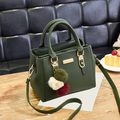 Դասական միագույն կրծկալով պայուսակ, նորաձև, էլեգանտ, համընկնող վերին բռնակով պայուսակ պոմպոնների դեկորով