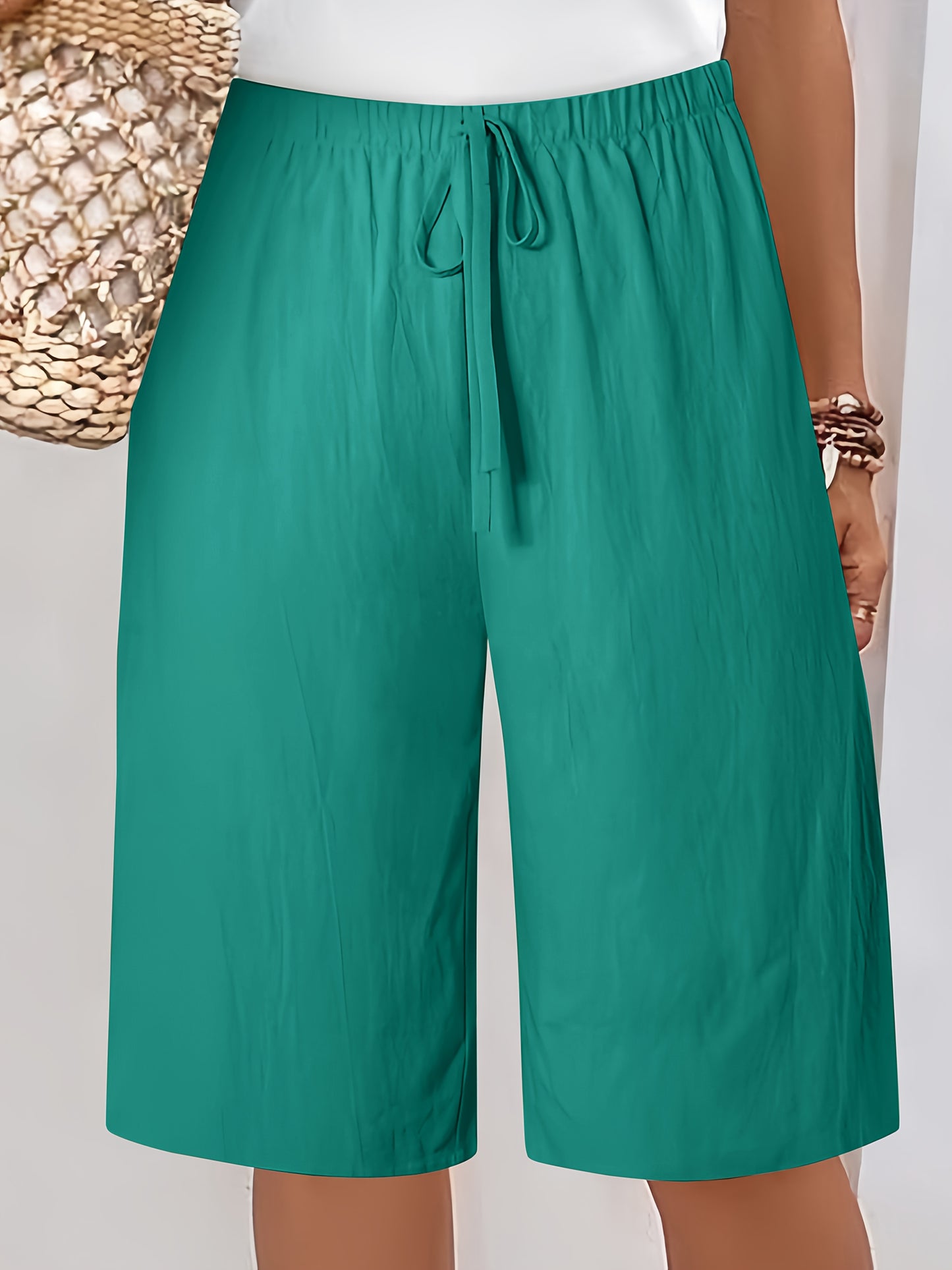 Women's Casual Solid Color Polyester Shorts with Faux Drawstring