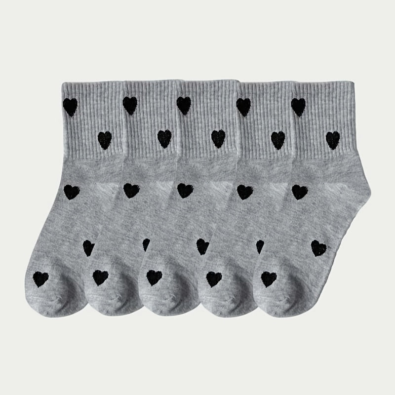 Women's 5 Pairs Mid-Calf Heart Pattern Socks, Soft Polyester