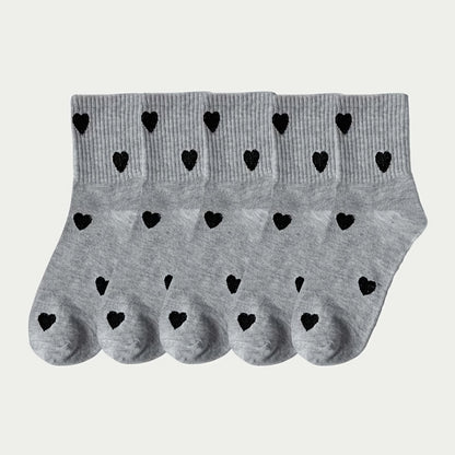 Women's 5 Pairs Mid-Calf Heart Pattern Socks, Soft Polyester