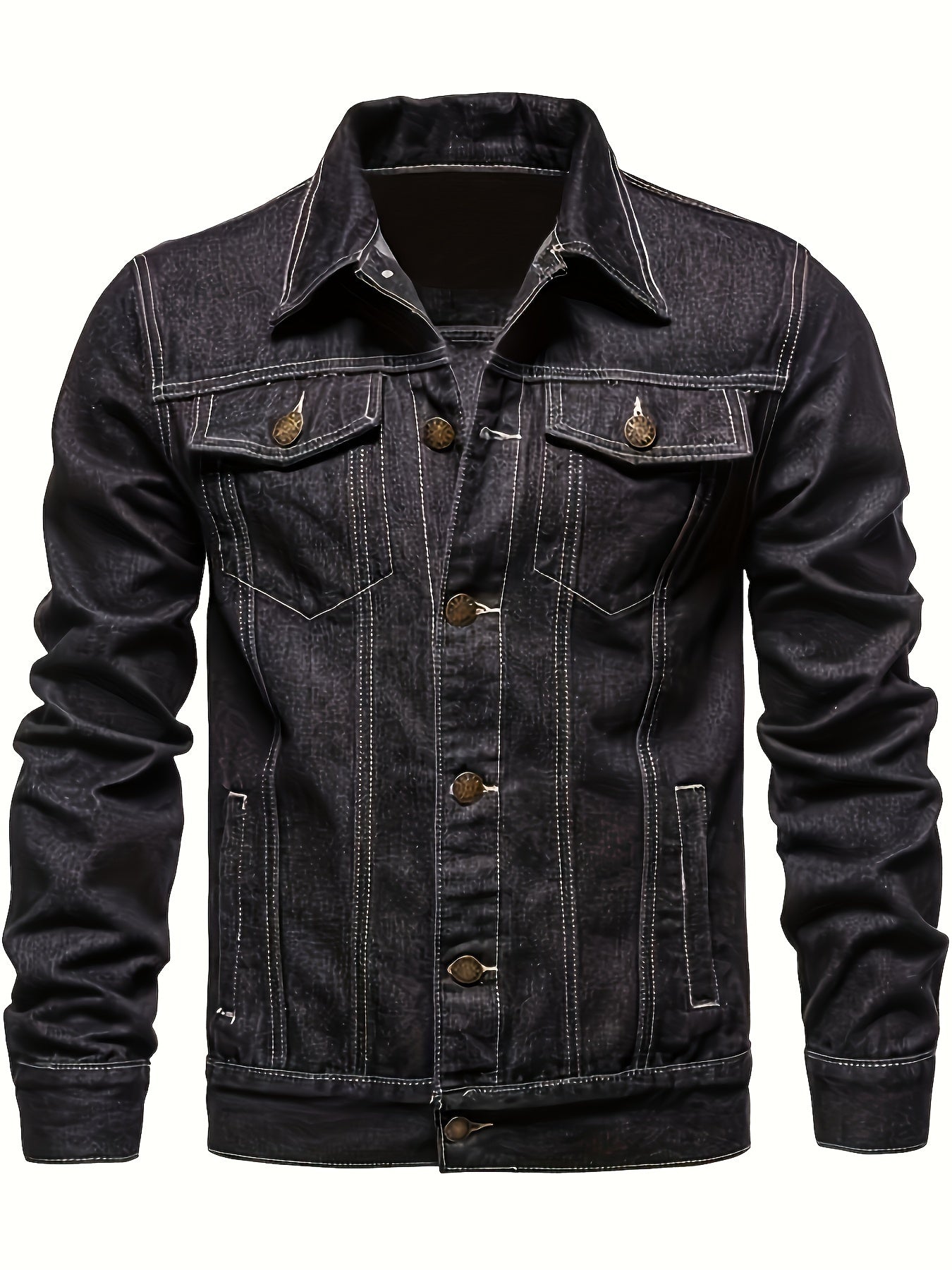 Men's Chic Washed Denim Jacket, Casual Street Style Button Up Contrast Stitching Jacket For Fall Winter