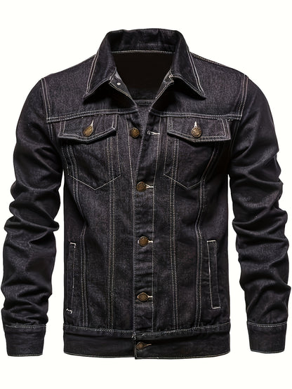 Men's Chic Washed Denim Jacket, Casual Street Style Button Up Contrast Stitching Jacket For Fall Winter