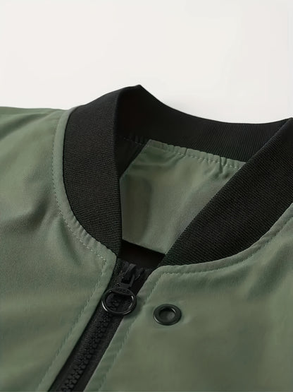 1pc Men'S Casual Stand Collar Bomber Jacket, Solid Color Long Sleeve Non-Stretch Woven Acetate with Pockets, Polyester Lined Zip-Up Lightweight Outerwear for Spring/Fall