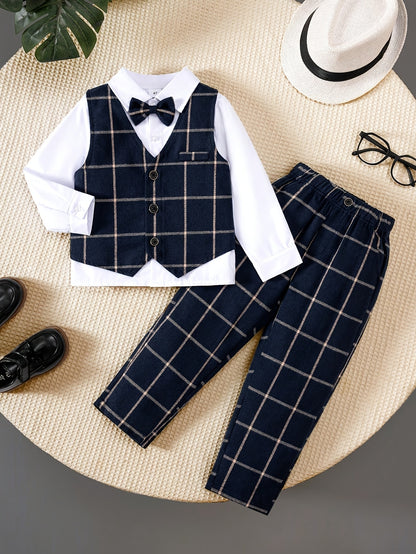 Toddler Boys 3-Piece Gentleman Set Navy Plaid Vest & Trousers