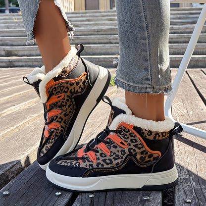 Women'S Stylish Leopard Print Winter Sneakers - Warm Fleece-Lined Casual Shoes with Thick PVC Sole, Black & Orange Design, Perfect for Fall/Winter Outdoor Activities, Winter Sneakers | Leopard Print Shoes | Durable PVC Sole