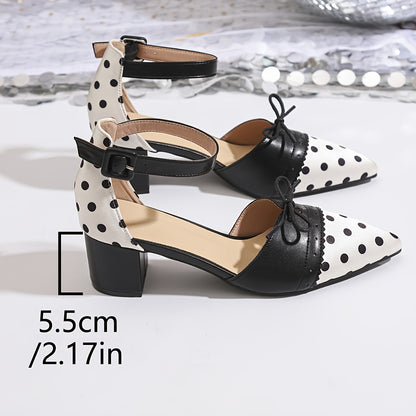 Women'S Sexy Polka Dot Mary Jane Pumps with Bow Detail - Pointed Toe, Block Heel, Ankle Strap, Summer Fashion Show Shoes, Hollow Design, Synthetic Cover  Rubber Sole, Summer Fashion Shoes   Polka Dot Pattern   Rubber Sole Fo