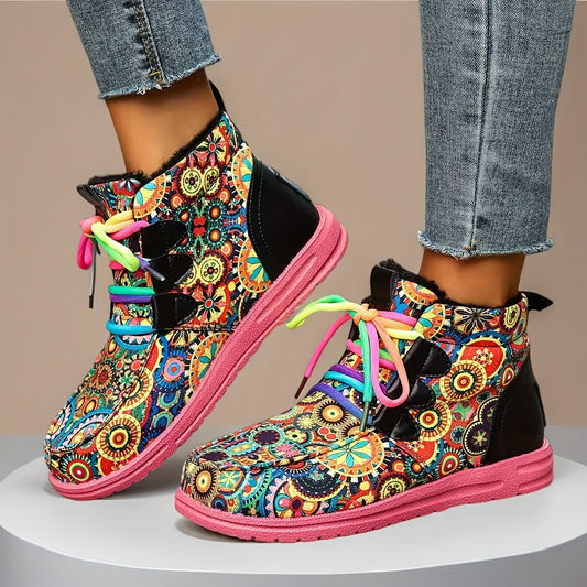 Women'S Retro Ethnic Floral Print Snow Boots - Plush Lined Winter Boots with Adjustable Lace-Up Straps, Round Toe & PVC Sole for Warmth, Comfort & Traction - Vibrant Colors for Casual & Formal Outfits, Winter Boots, Seasonal