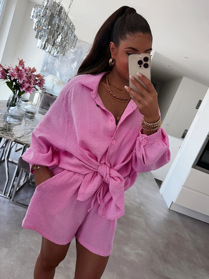 Women's Cotton Cardigan & Shorts Set Casual Long Sleeve