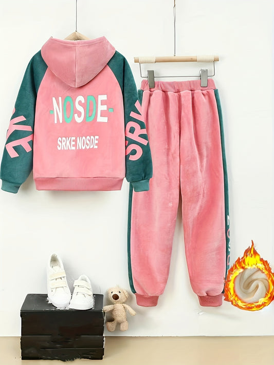 Girls' Thickened Fleece-Lined Hooded Zip-Up Jacket & Jogger Pants Set - Cozy Two-Piece Outfit with "NUS" Letter Print, Long Sleeves, and Drawstring Waist, for Outdoor, And Casual Wear, Winter Clothing, Playful Design, Soft Fa