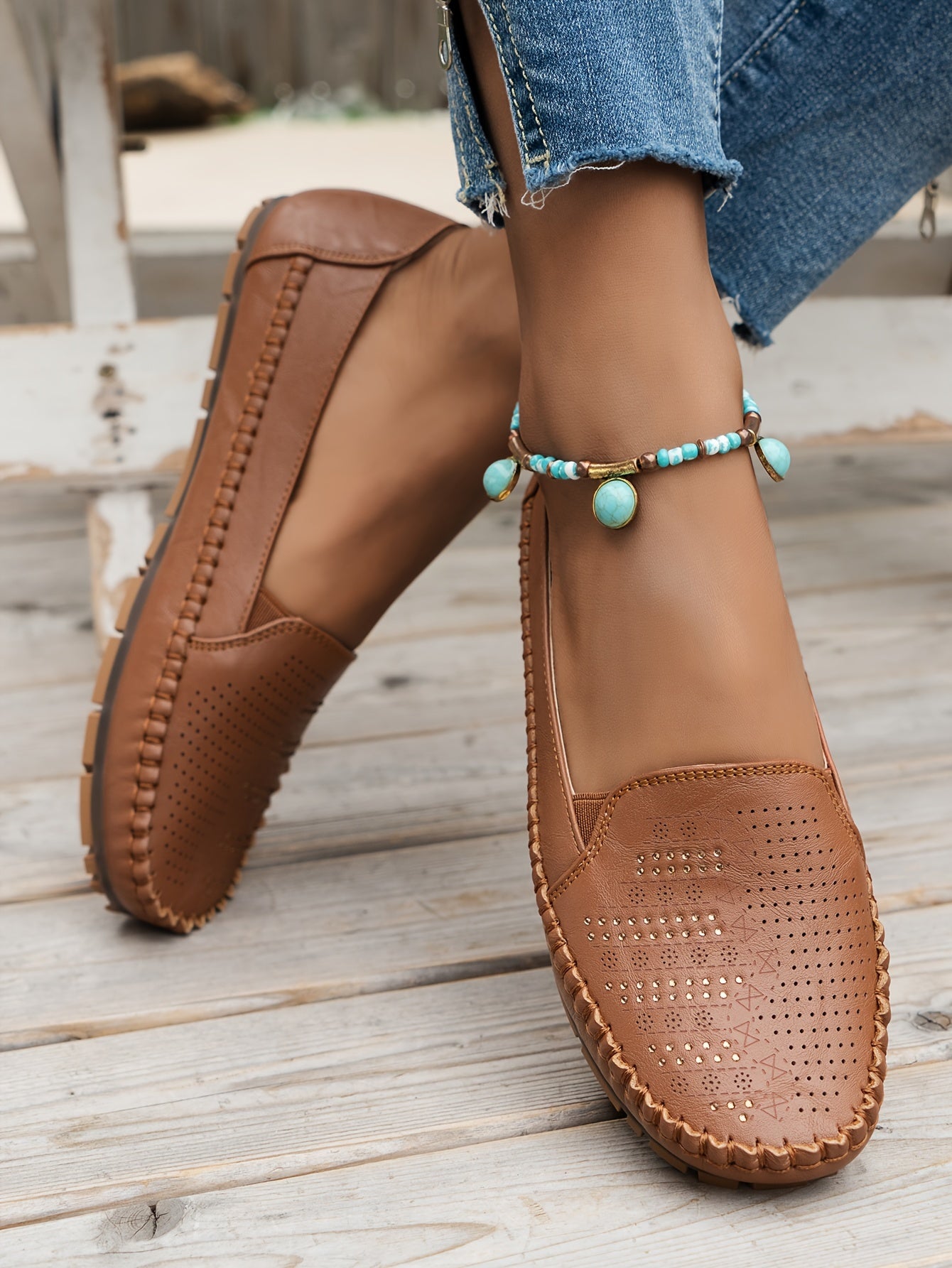 Women's Retro Perforated Flat Shoes, Comfy Breathable Round Toe Slip On Shoes, Casual Outdoor Loafers
