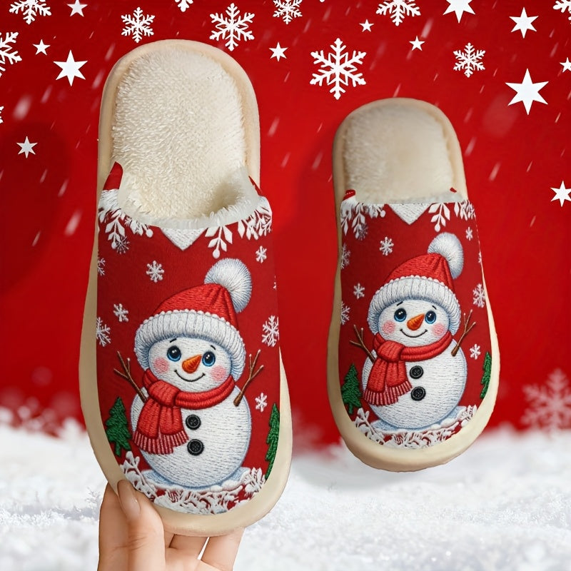 Cozy Fleece-Lined Slip-On Slippers with Snowman & Reindeer Design - Soft Fabric Upper, EVA Sole, Round Toe, Perfect for Fall/Winter, Unisex Couple Matching, Cute Slippers, Winter Footwear, Playful Design, Comfortable Footwear