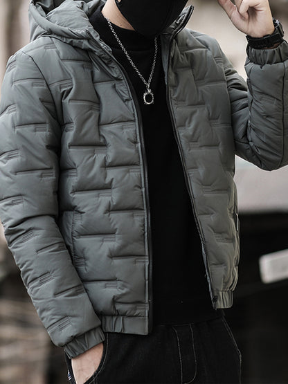 1pc Men's Heavy-Duty Winter Jacket with Hood - Stand Collar & Zippered Pockets, Grey/Black & White, Machine Washable Cold Weather Coat for Skiing, Snowboarding, Outdoor Activities (-Filled)