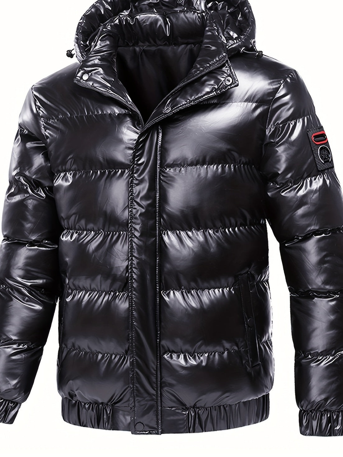Men's Black Glossy Finish Jacket with Hood - Winter Coat, Zippered Pockets, Ribbed Cuffs & Waistband, Hand Wash Only, Regular Fit for Autumn & Cold Weather