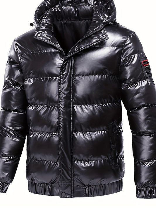 Men's Black Glossy Finish Jacket with Hood - Winter Coat, Zippered Pockets, Ribbed Cuffs & Waistband, Hand Wash Only, Regular Fit for Autumn & Cold Weather