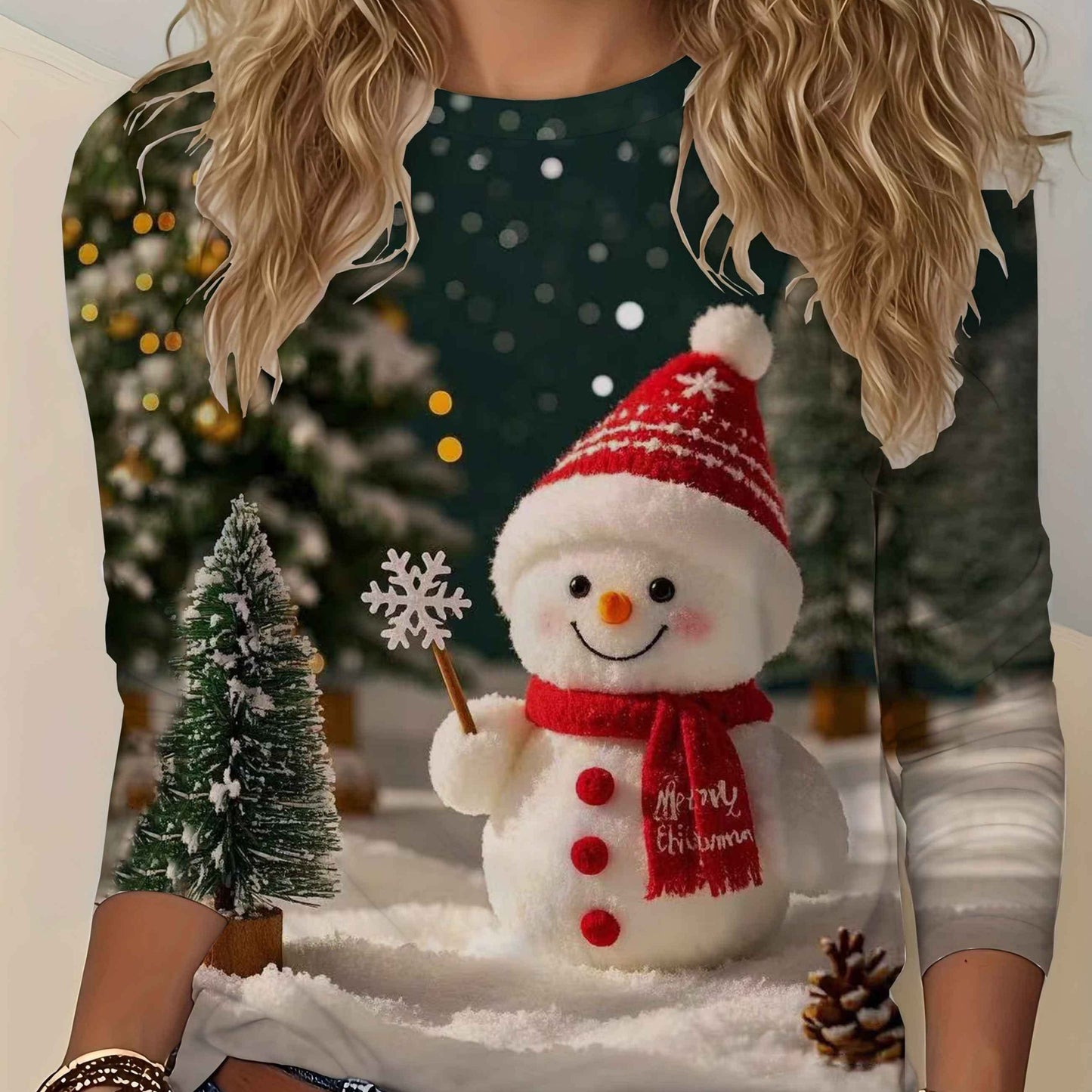 Women's Cozy Snowman & Christmas Tree Print Long Sleeve T-Shirt - Soft Round Neck Winter Sweater-Style Top with Snowflake Patterns, Machine Washable Holiday Party Outfit (Green/Golden) for Xmas & New Year's Events