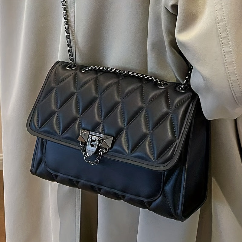 Կանացի սև վանդակավոր, խաչաձև պայուսակ, նորաձև, շղթայական ժապավենով ուսի պայուսակ, սառը սեղմված կարվածքով, բացվող կափարիչով, PVC-ով պատված սինթետիկ կաշվե ձեռքի պայուսակ, հարմար է կանանց համար - Քաղաքային ոճ