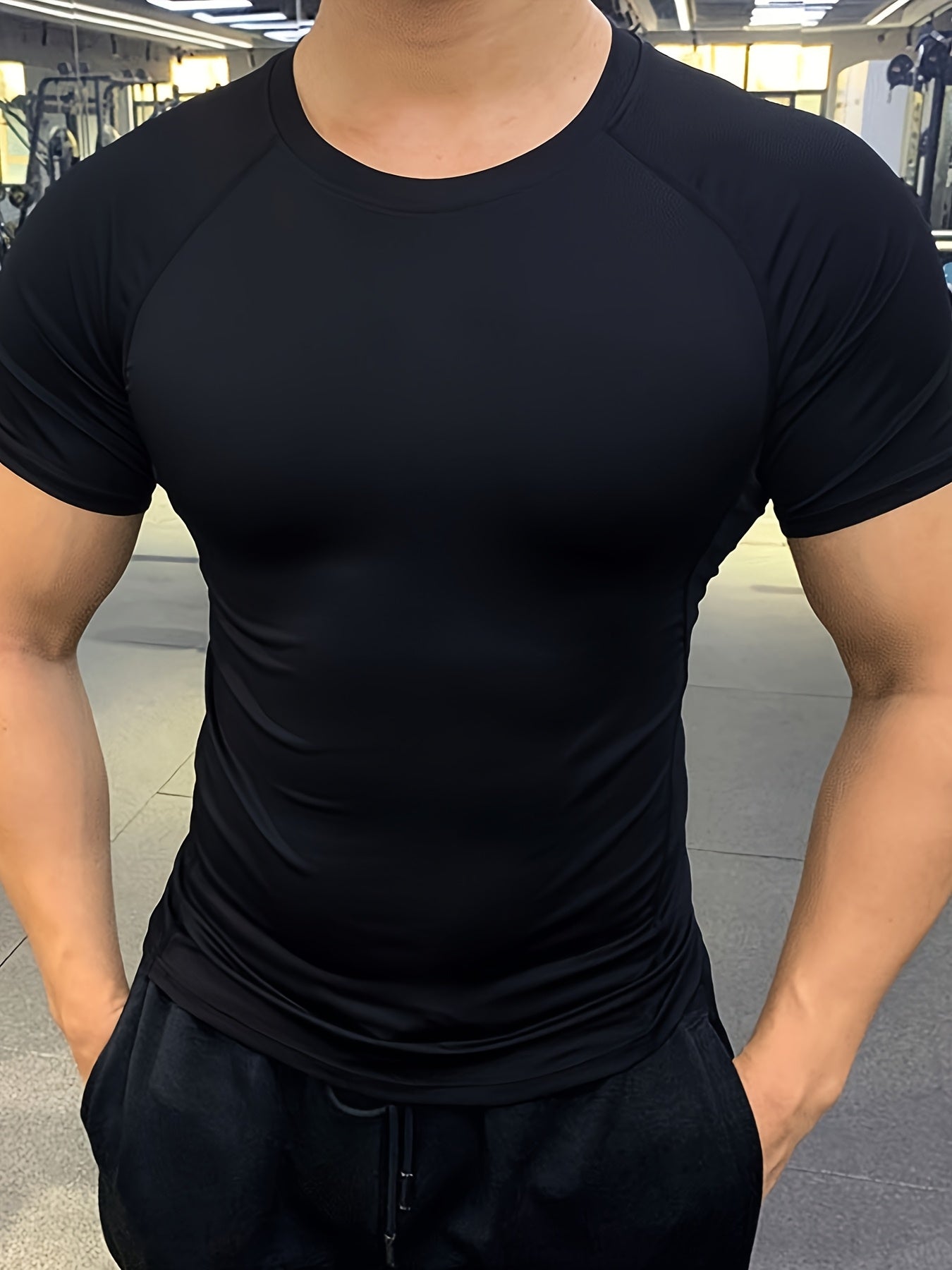 Men's Quick-Dry Athletic T-Shirt - Stretchy, Breathable Polyester, Short Sleeve, Round Neck, Black, Gym  Running Workout Essential, Sports Clothing   Sleek Athletic Tee   Breathable Fabric, Workout Clothes