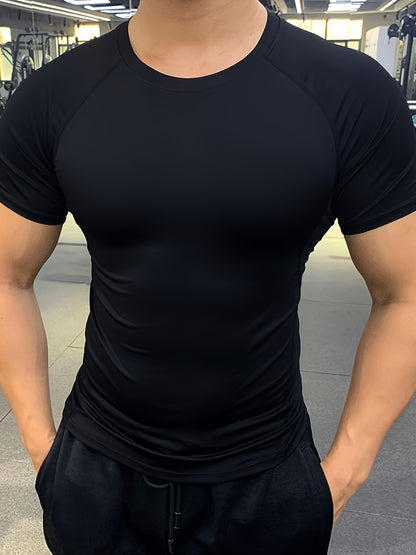 Men's Quick-Dry Athletic T-Shirt - Stretchy, Breathable Polyester, Short Sleeve, Round Neck, Black, Gym  Running Workout Essential, Sports Clothing   Sleek Athletic Tee   Breathable Fabric, Workout Clothes