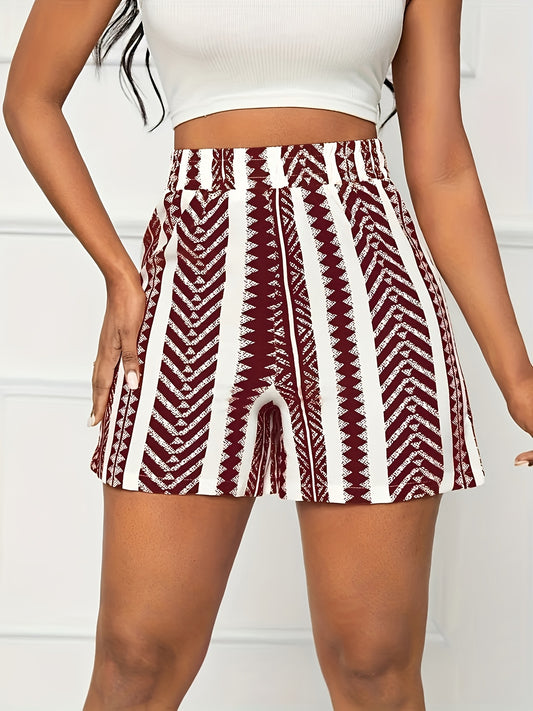 Women's Summer Striped Print Shorts - Vacation Elastic Waist, Lightweight Polyester Blend, Machine Washable, Maroon and White, Resort Fashion|Striped Pattern|Lightweight Fabric