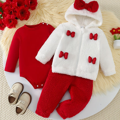 3 հատ աղջիկների ձմեռային տաբատների հավաքածու՝ երկար թևքերով բոդիով, կարմիր ժապավենով զարդարված կայծակաճարմանդով վերնաշապիկով + առօրյա առաձգական գոտկատեղով տաբատ, զբոսանքի համար