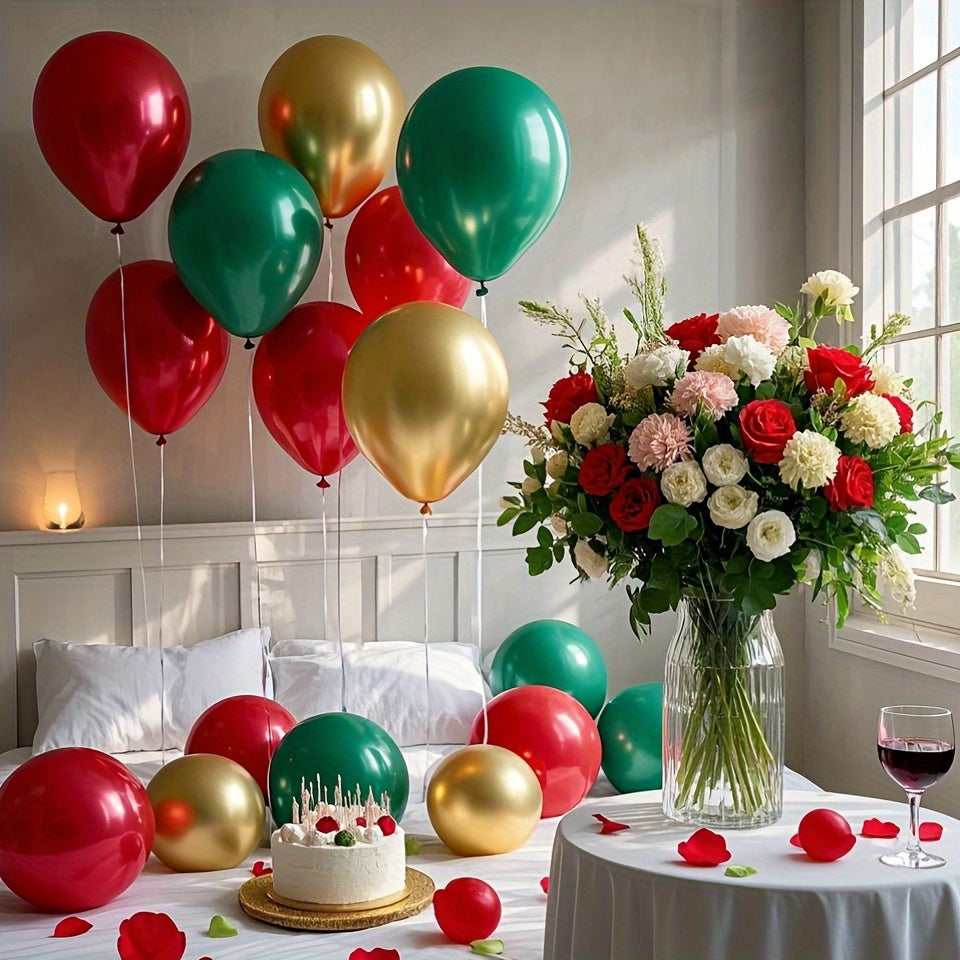 50pcs Red, Green, Golden Metal Balloon Set, 10-Inch Latex Balloons. Perfect for Birthday, Wedding, Thanksgiving, Christmas, New Year Decorations and Party Setup, Suitable For Winter Party Decorations, Anniversary Decorations,