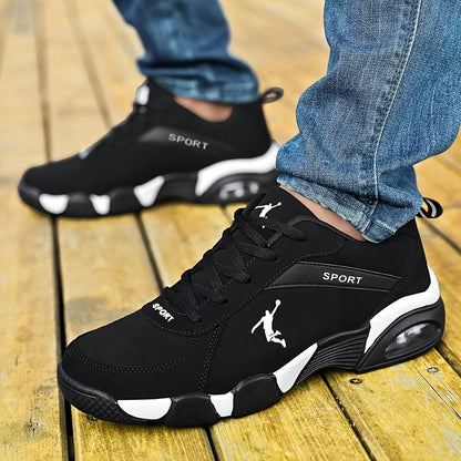 Unisex Low-Top Sneakers with Breathable Mesh & Air Cushion Technology - Comfortable Lace-Up Casual Shoes for Running, Walking, Training - Black & White Design, Synthetic Synthetic Faux Upper, Fabric Lining, All-Season Wear, R - ayq